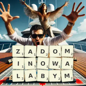 Kreatywna ilustracja do gry w Scrabble ze słowem ZADOMINOWALABYM ułożonym z płytek na planszy.
