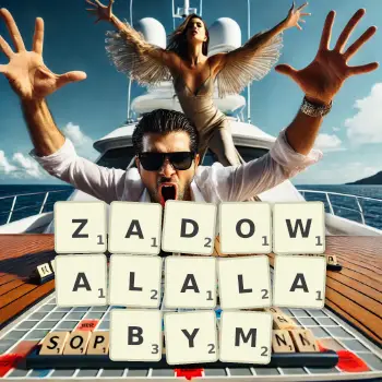 Kreatywna ilustracja do gry w Scrabble ze słowem ZADOWALALABYM ułożonym z płytek na planszy.