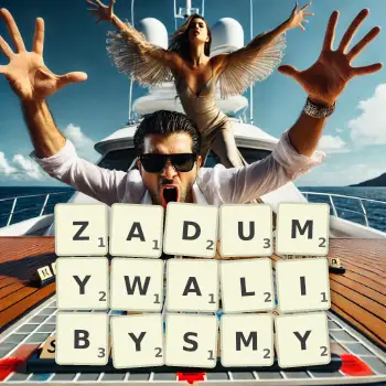 Kreatywna ilustracja do gry w Scrabble ze słowem ZADUMYWALIBYSMY ułożonym z płytek na planszy.