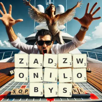 Kreatywna ilustracja do gry w Scrabble ze słowem ZADZWONILOBYS ułożonym z płytek na planszy.