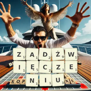 Kreatywna ilustracja do gry w Scrabble ze słowem ZADŹWIĘCZENIU ułożonym z płytek na planszy.