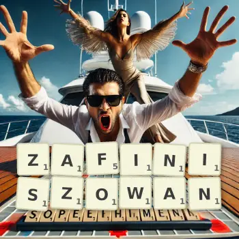 Kreatywna ilustracja do gry w Scrabble ze słowem ZAFINISZOWAN ułożonym z płytek na planszy.