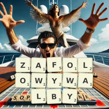 Kreatywna ilustracja do gry w Scrabble ze słowem ZAFOLOWYWALBY ułożonym z płytek na planszy.