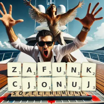 Kreatywna ilustracja do gry w Scrabble ze słowem ZAFUNKCJONUJ ułożonym z płytek na planszy.