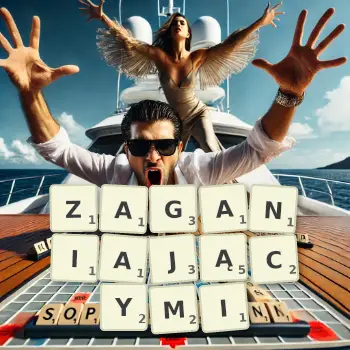 Kreatywna ilustracja do gry w Scrabble ze słowem ZAGANIAJĄCYMI ułożonym z płytek na planszy.