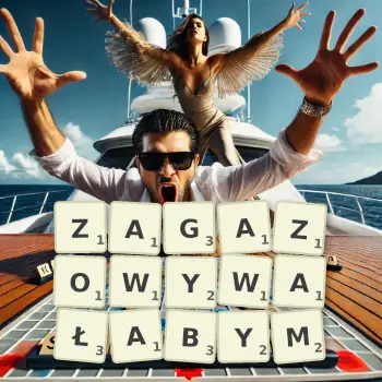 Kreatywna ilustracja do gry w Scrabble ze słowem ZAGAZOWYWAŁABYM ułożonym z płytek na planszy.