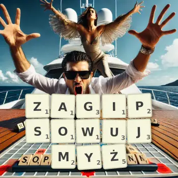 Kreatywna ilustracja do gry w Scrabble ze słowem ZAGIPSOWUJMYŻ ułożonym z płytek na planszy.