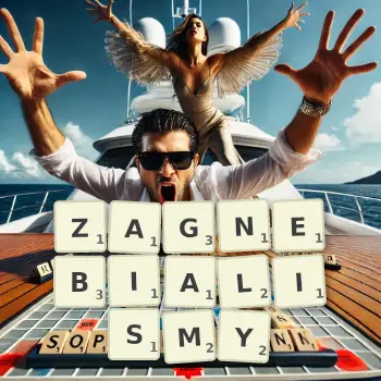 Kreatywna ilustracja do gry w Scrabble ze słowem ZAGNEBIALISMY ułożonym z płytek na planszy.