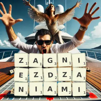 Kreatywna ilustracja do gry w Scrabble ze słowem ZAGNIEZDZANIAMI ułożonym z płytek na planszy.