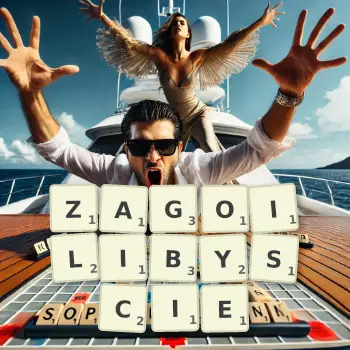 Kreatywna ilustracja do gry w Scrabble ze słowem ZAGOILIBYSCIE ułożonym z płytek na planszy.
