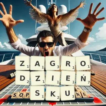 Kreatywna ilustracja do gry w Scrabble ze słowem ZAGRODZIEŃSKU ułożonym z płytek na planszy.