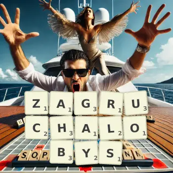 Kreatywna ilustracja do gry w Scrabble ze słowem ZAGRUCHALOBYS ułożonym z płytek na planszy.