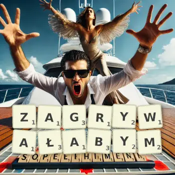 Kreatywna ilustracja do gry w Scrabble ze słowem ZAGRYWAŁABYM ułożonym z płytek na planszy.