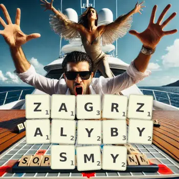Kreatywna ilustracja do gry w Scrabble ze słowem ZAGRZALYBYSMY ułożonym z płytek na planszy.