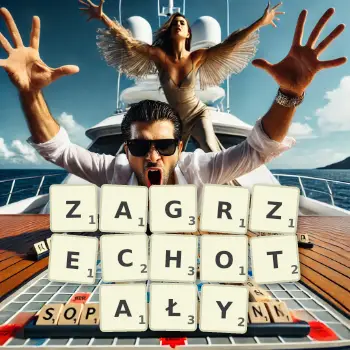 Kreatywna ilustracja do gry w Scrabble ze słowem ZAGRZECHOTAŁY ułożonym z płytek na planszy.