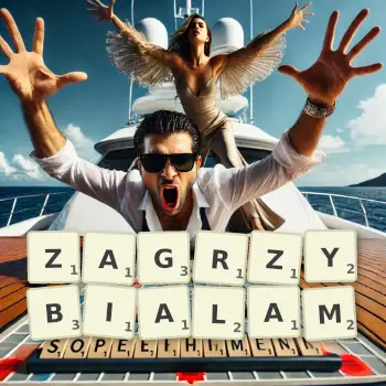 Kreatywna ilustracja do gry w Scrabble ze słowem ZAGRZYBIALAM ułożonym z płytek na planszy.