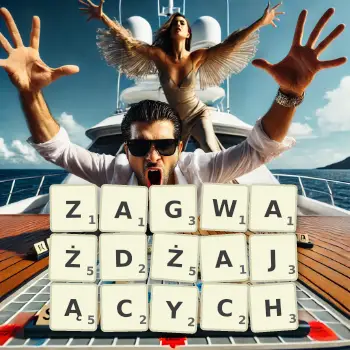 Kreatywna ilustracja do gry w Scrabble ze słowem ZAGWAŻDŻAJĄCYCH ułożonym z płytek na planszy.