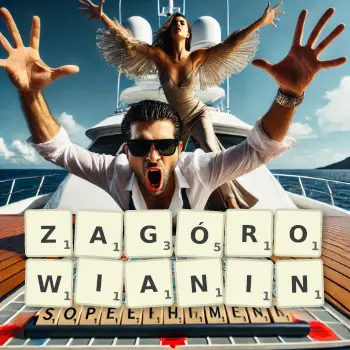 Kreatywna ilustracja do gry w Scrabble ze słowem ZAGÓROWIANIN ułożonym z płytek na planszy.