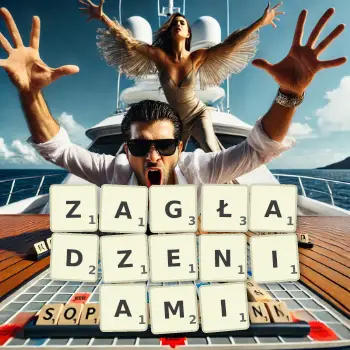 Kreatywna ilustracja do gry w Scrabble ze słowem ZAGŁADZENIAMI ułożonym z płytek na planszy.