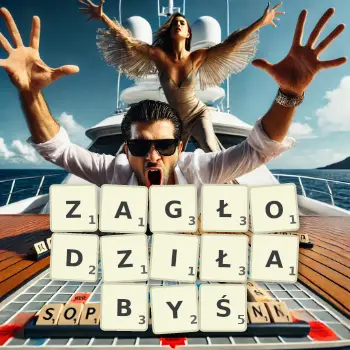 Kreatywna ilustracja do gry w Scrabble ze słowem ZAGŁODZIŁABYŚ ułożonym z płytek na planszy.