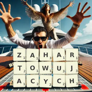 Kreatywna ilustracja do gry w Scrabble ze słowem ZAHARTOWUJACYCH ułożonym z płytek na planszy.