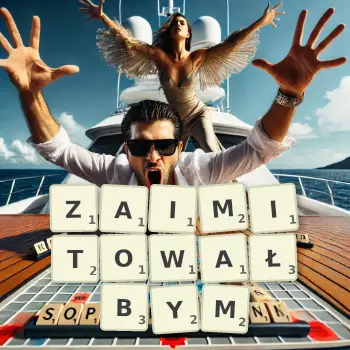 Kreatywna ilustracja do gry w Scrabble ze słowem ZAIMITOWAŁBYM ułożonym z płytek na planszy.