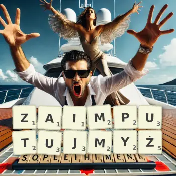 Kreatywna ilustracja do gry w Scrabble ze słowem ZAIMPUTUJMYŻ ułożonym z płytek na planszy.