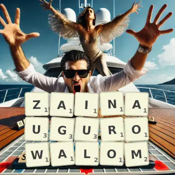 Kreatywna ilustracja do gry w Scrabble ze słowem ZAINAUGUROWALOM ułożonym z płytek na planszy.