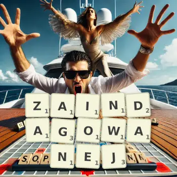 Kreatywna ilustracja do gry w Scrabble ze słowem ZAINDAGOWANEJ ułożonym z płytek na planszy.