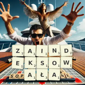 Kreatywna ilustracja do gry w Scrabble ze słowem ZAINDEKSOWAŁA ułożonym z płytek na planszy.