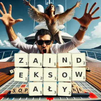 Kreatywna ilustracja do gry w Scrabble ze słowem ZAINDEKSOWAŁY ułożonym z płytek na planszy.