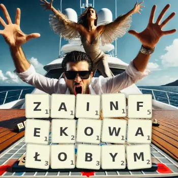 Kreatywna ilustracja do gry w Scrabble ze słowem ZAINFEKOWAŁOBYM ułożonym z płytek na planszy.