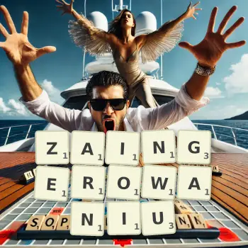 Kreatywna ilustracja do gry w Scrabble ze słowem ZAINGEROWANIU ułożonym z płytek na planszy.
