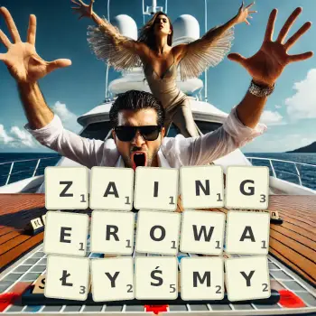 Kreatywna ilustracja do gry w Scrabble ze słowem ZAINGEROWAŁYŚMY ułożonym z płytek na planszy.