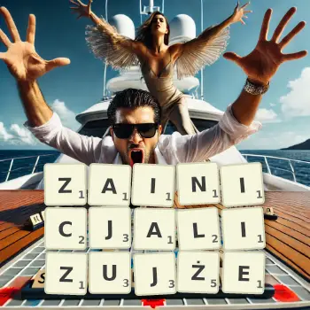 Kreatywna ilustracja do gry w Scrabble ze słowem ZAINICJALIZUJŻE ułożonym z płytek na planszy.