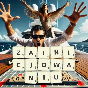Kreatywna ilustracja do gry w Scrabble ze słowem ZAINICJOWANIU ułożonym z płytek na planszy.