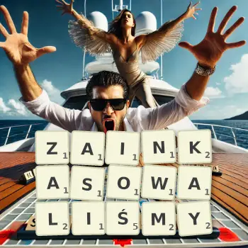 Kreatywna ilustracja do gry w Scrabble ze słowem ZAINKASOWALIŚMY ułożonym z płytek na planszy.