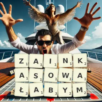 Kreatywna ilustracja do gry w Scrabble ze słowem ZAINKASOWAŁABYM ułożonym z płytek na planszy.