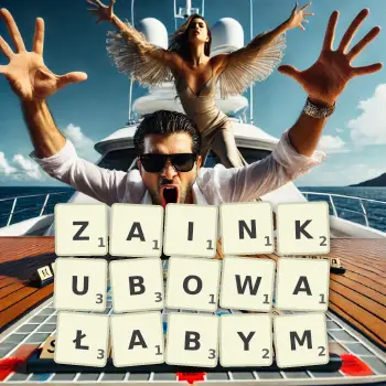 Kreatywna ilustracja do gry w Scrabble ze słowem ZAINKUBOWAŁABYM ułożonym z płytek na planszy.