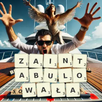 Kreatywna ilustracja do gry w Scrabble ze słowem ZAINTABULOWAŁA ułożonym z płytek na planszy.