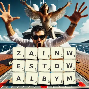 Kreatywna ilustracja do gry w Scrabble ze słowem ZAINWESTOWALBYM ułożonym z płytek na planszy.