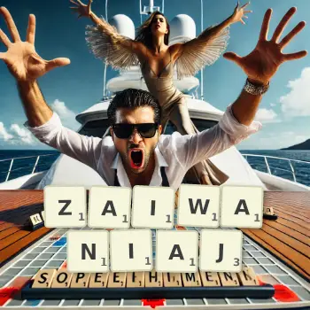 Kreatywna ilustracja do gry w Scrabble ze słowem ZAIWANIAJ ułożonym z płytek na planszy.