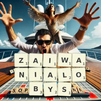 Kreatywna ilustracja do gry w Scrabble ze słowem ZAIWANIALOBYS ułożonym z płytek na planszy.