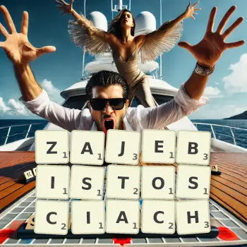 Kreatywna ilustracja do gry w Scrabble ze słowem ZAJEBISTOSCIACH ułożonym z płytek na planszy.