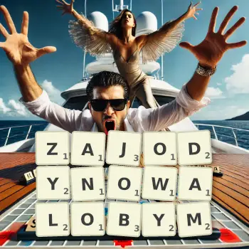 Kreatywna ilustracja do gry w Scrabble ze słowem ZAJODYNOWALOBYM ułożonym z płytek na planszy.