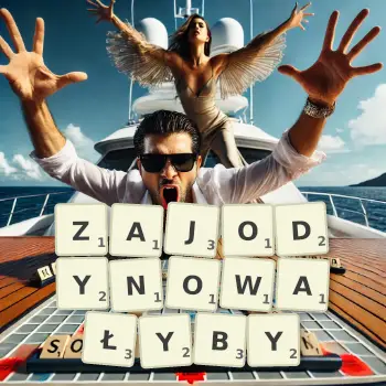 Kreatywna ilustracja do gry w Scrabble ze słowem ZAJODYNOWAŁYBY ułożonym z płytek na planszy.