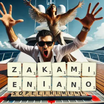 Kreatywna ilustracja do gry w Scrabble ze słowem ZAKAMIENIANO ułożonym z płytek na planszy.