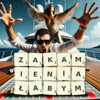 Kreatywna ilustracja do gry w Scrabble ze słowem ZAKAMIENIAŁABYM ułożonym z płytek na planszy.