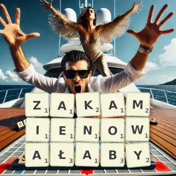 Kreatywna ilustracja do gry w Scrabble ze słowem ZAKAMIENOWAŁABY ułożonym z płytek na planszy.
