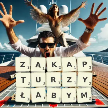 Kreatywna ilustracja do gry w Scrabble ze słowem ZAKAPTURZYŁABYM ułożonym z płytek na planszy.